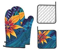 Set di 4 guanti da forno e presine resistenti al calore, guanti da barbecue, motivo foglie tropicali per design tribale, guanti da forno, guanti da cucina, presine, per cucinare, grigliare, barbecue