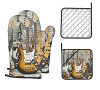 Set di 4 guanti da forno e presine resistenti al calore, guanti da cucina per chitarra, basso, strumenti musicali, guanti da forno, guanti da forno e cuscinetti caldi, presine antiscivolo per cucina