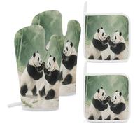 Set di 4 guanti da forno e presine, resistenti al calore, motivo: panda che gioca con i suoi compagni, guanti da forno per cucinare cucina all'aperto barbecue