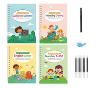 Set di 4 libri magici per esercitazioni di scrittura a mano con numeri e lettere e disegni artistici per operazioni matematiche per bambini in età prescolare pratica di scrittura per bambini in età