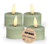 Set di 4 lumini a LED in cera con funzione timer e telecomando - Candela realistica fiamma tremolante bianco caldo Ø 4 x 4 cm - Candela di cera elettrica verde salvia come accogliente decorazione da