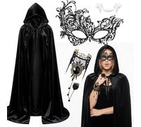 Set di 4 mantelli neri con cappuccio, con denti da vampiro, 140 cm, mantello in velluto per Halloween, con maschera in pizzo e collana gotica, per costumi di Halloween e celebrazioni