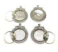 Set di 4 medaglioni in metallo a forma di fiore e 25 mm rotondo in vetro trasparente cabochon, cornice argentata, per fai da te