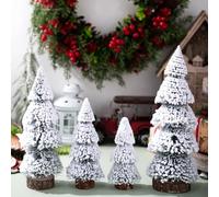 Set di 4 mini alberi di Natale innevati, design realistico in sisal con spray per neve, montati su basi in legno massiccio per decorazioni natalizie in piccole aree