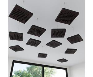 Set di 4 mini pannelli acustici da soffitto | Assorbitore acustico 3D HDF sospeso con kit di sospensione | Decorazione acustica per soffitti | 25×25cm | Colore: [Wengé | WAVE-Mini]