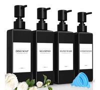 Set Di 4 Nero Flaconi Riutilizzabili per Shampoo, 500ml Dispenser Sapone Doccia, Dispenser Doccia Shampoo e Bagnoschiuma con Imbuto ed Etichetta Impermeabile, Adatto per Cucina, Bagno e Toilette