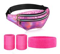 Set di 4 Pacchi di Accessori per Costume Anni '80 e '90 di cui Marsupio in Pelle PU Fascia per Capelli e Polsini Antisudore per Feste Retrò all'Aperto e Carnevale (Viola e Rosso) (Viola e Rosso)