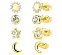 Set di 4 paia di orecchini a forma di stella per donne, orecchini celesti, in argento e oro, ipoallergenici per orecchie sensibili, klein, Oro giallo, Zirconia cubica