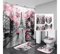 Set di 4 paia di tende da doccia rosa Torre Eiffel, set da bagno decorativo con tappeti antiscivolo tappetino da bagno a forma di U copriwater copertura impermeabile per San Valentino tende da bagno