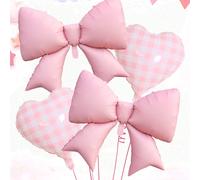 Set di 4 palloncini a forma di fiocco rosa e cuore a quadri, include un grande fiocco, nuovi palloncini foil a forma di cuore rosa, adatti per decorazioni per compleanni, feste di addio al nubilato, m