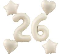 Set di 4 palloncini beige a forma di numero 26 + 4 palloncini in alluminio a forma di cuore / stella per donna e ragazza, 100 cm, decorazione per anniversario per uomo, palloncino numero 26