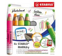 STABILO Marcatore MARKdry per lavagna bianca - Astuccio 4 colori NEON con temperino e panno