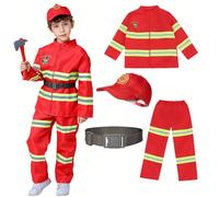 Set di 4 pezzi con costume da capo dei vigili del fuoco con accessori realistici, tuta da pompiere adatta a bambini di età superiore ai 3 anni 120 centimetri,150 centimetri,140 centimetri,130 centimet