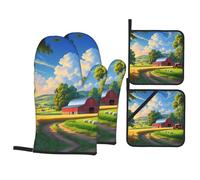 Set di 4 pezzi da cucina con stampa di paesaggi rurali della fattoria: cottura al forno/griglia/coperchio della pentola guanti antiscivolo