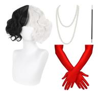 Set di 4 pezzi da strega, cosplay, parrucca di Halloween, parrucca da donna, trucco attrice, parrucca in bianco e nero, accessorio per vestire, adatto per feste, spettacoli