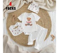 Set di 4 pezzi di abbigliamento a maglia per neonato maschio per primavera/estate: body a maniche corte con stampa di orsetto e coniglietto, cappellino, bavaglino e pantaloni con piedini, pigiama mult