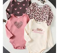 Set di 4 pezzi di tutine a maniche lunghe con collo a giro per neonata, con stampa leopardata a cuori, morbide e in maglia, per il giorno di San Valentino 6-9M,9-12M,12-18M,18-24M,2-3Y,0-1M,1-3M,3-6ML