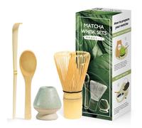 Set di 4 pezzi Matcha Cerimonia Giapponese Frusta Matcha Naturale Cucchiaio di Bamboo Pala di Bamboo Portafrusta, Cofanetto per la cerimonia del Tè - Verde Grigiastro