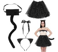 Set di 4 pezzi per costume da gatto nero, cerchietto con orecchie da gatto, coda nera, girocollo con campana argentata, gonna tutù, kit di accessori per costume da gatto, per feste in maschera