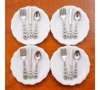 Set di 4 piatti in miniatura per casa delle bambole in scala 1:12 e 12 cucchiai, coltelli, forchette, stoviglie in metallo, accessori da cucina, set di piatti in porcellana per la decorazione della
