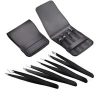 Set di 4 pinzette di precisione in acciaio inox per trattamenti per il viso, peli in crescita verso l'interno, kit di rimozione schegge di capelli, set con custodia da viaggio