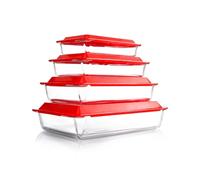 Set di 4 Pirofile in Vetro con Coperchio, 1+1.7+2.8+4.2L- Teglia per Lasagne da Forno (NON IL COPERCHIO), Rettangolare, Contenitore di Vetro con Coperchio di Plastica