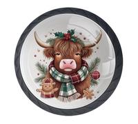 Set di 4 pomelli decorativi per armadietti da cucina, a forma di pan di zenzero, motivo natalizio con mucca delle Highland, per cassettiere, armadi, cassetti