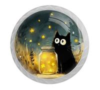 Set di 4 pomelli rotondi per cassetti e cassettiere, con gatto e bottiglia dei desideri, per mobili e credenze da cucina