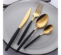 Set di 4 posate in acciaio inox nero e oro, con manico nero e oro, include coltello, forchetta, cucchiaino, lavabile in lavastoviglie
