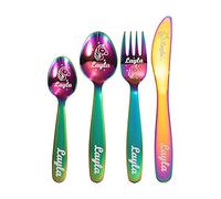Set di 4 posate personalizzate con motivo unicorno e nomi personalizzati in acciaio inox, utensili sicuri, per bambini, ideale per cucina, casa, cucchiaio, forchetta, coltello, cucchiaino da tè