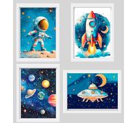 Set di 4 poster, astronauta, razzo, ufo e costellazioni. Ideale per la cameretta dei bambini, ragazzi, ragazze o neonati, idea regalo per la nascita, aniversario, A4, decorazione da parete (senza