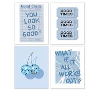 Set di 4 poster blu alla moda, senza cornice, stile retrò, con ciliegie e palla da discoteca, stampe artistiche da parete per camera da letto, decorazione per la stanza, 20,3 x 25,4 cm