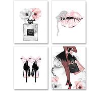 Set di 4 poster da parete alla moda da donna, senza cornice, arte moderna per camera da letto delle ragazze, fiori rosa, profumo, borsa, tacco alto, labbra, dipinti per donne, camera da letto, bagno