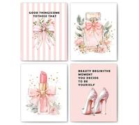 Set di 4 poster da parete senza cornice, motivo coquette rosa, per camera da letto, dormitorio, bagno, decorazione alla moda con fiocco, profumo, rossetto, tacco alto, stampe su tela, 20,3 x 25,4 cm