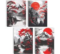 Set di 4 Poster Paesaggio Giapponese con Monte Fuji, Sole Rosso e Pagode A4 Stampe d'Arte Asiatica per la Decorazione delle Pareti di Soggiorno, Camera da Letto e Ufficio