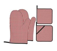 Set di 4 presine e guanti da forno rossi in tessuto scozzese per tovaglie da picnic, resistenti al calore, in cotone, per cuocere al forno, barbecue e cucinare.