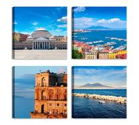 Set di 4 quadri 30x30 cm - stampa su tela con telaio in legno - Napoli e Vesuvio: panorama, lungomare, Piazza del Plebiscito