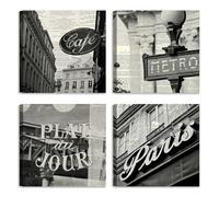 Set di 4 Quadri in Bianco e Nero 30x30 cm - Insegne Café, Métro, Paris e Plat du Jour - Stampa su tela con telaio in legno - Decorazione Vintage per Cucina, Bar o Studio
