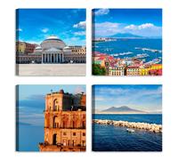Set di 4 Quadri Panorama Napoli Vesuvio - Stampa su tela con telaio in legno