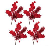 Set di 4 rami di albero di Natale artificiali con punte di frutta scavate per migliorare centrotavola e decorazioni stagionali (rosso)