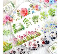 Set di 4 rotoli di nastro per fiori washi per scrapbook accessori, per piante e farfalle, per primavera, estate, vintage, nastro decorativo floreale