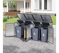 Set di 4 scatole per bidoni della spazzatura con coperchio idraulico, armadio da giardino in ferro con rivestimento verticale effetto legno, ventilazione a fori lunghi e serratura in nero