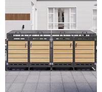 Set di 4 scatole per bidoni della spazzatura con coperchio idraulico, rivestimento orizzontale effetto legno, ventilazione a fori lunghi, armadietto da giardino in ferro con serratura