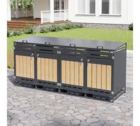 Set di 4 scatole per bidoni della spazzatura con coperchio idraulico, rivestimento verticale effetto legno, ventilazione a fori lunghi, armadio da giardino in ferro con serratura, colore nero