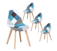 Set di 4 sedie da pranzo moderne patchwork morbide multicolore con seduta imbottita con gambe in legno, ideali per cucina, soggiorno, bar, colore blu