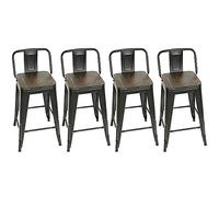 Set di 4 sgabelli da bar in metallo, alto industriale, 84 cm di altezza, seduta con schienale e seduta in legno, per cucina, bistrot, sala da pranzo, interni ed esterni, 84 x 42 x 42 cm