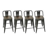 Set di 4 sgabelli da bar industriali in metallo, altezza 84 cm, con schienale e seduta in legno, perfetti per cucina, bistrot, sala da pranzo, uso interno ed esterno, 84 x 42 x 42 cm