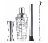 Set di 4 shaker per cocktail, in vetro da 400 ml, con doppio misurino (28,3 g e 56,7 g), pestello da cocktail e cucchiaio da miscelazione, kit da barista per cocktail, mojito, frutta e bevande