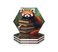 Set di 4 sottobicchieri a forma di panda rosso con libri da lettura, protezione antiscivolo per il tavolo, accessori per bar, regali di inaugurazione della casa, decorazioni per la cucina, bar, 4 po