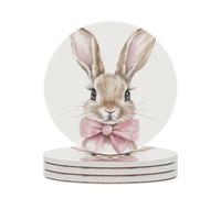 Set di 4 sottobicchieri assorbenti ad acquerello con coniglietto con fiocco rosa